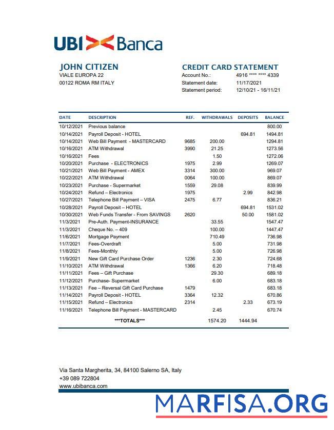 Downloadable Italy UBI BANCA bank statement excel example